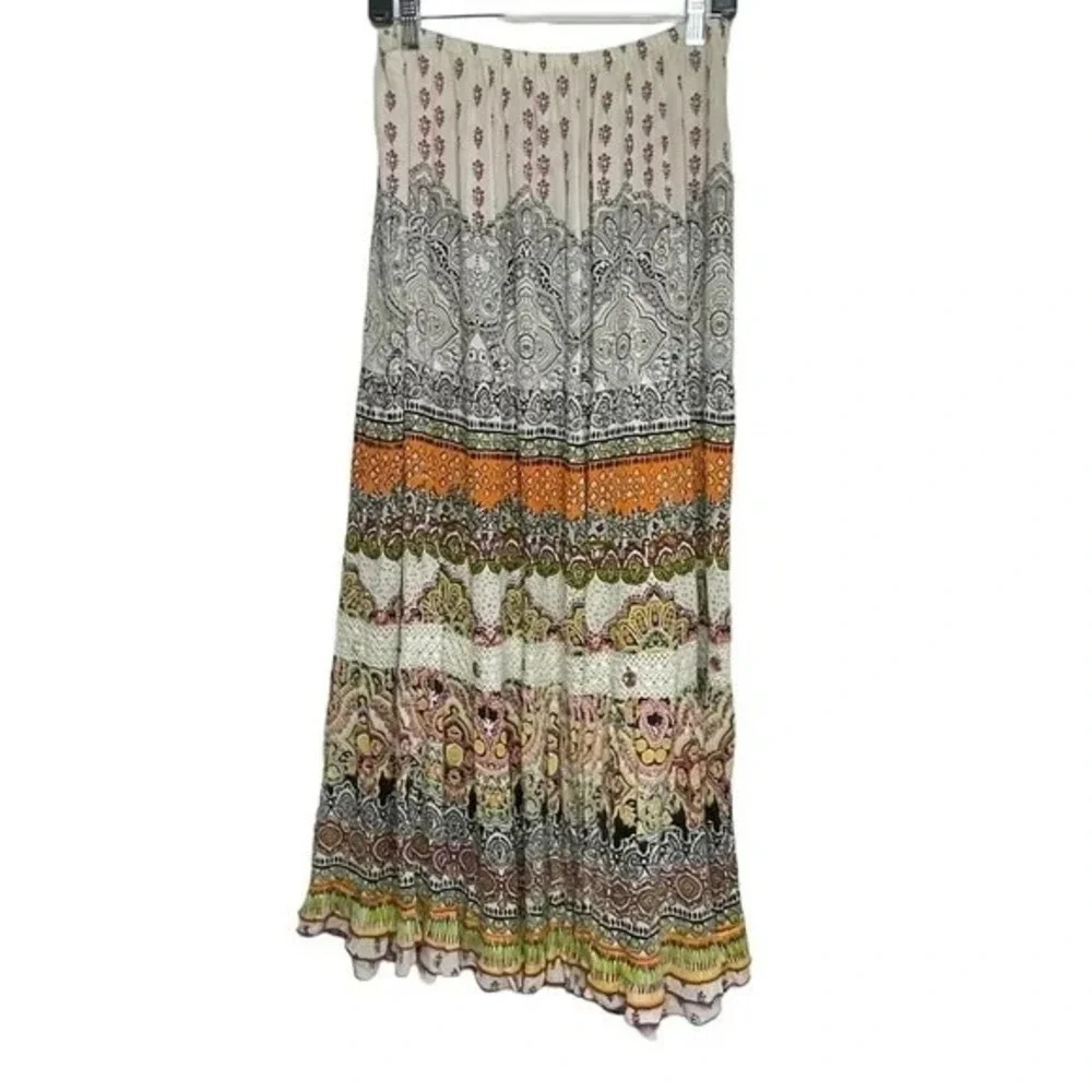 Forbidden Los Angeles Boho Maxi‎ Skirt M Patchwork Paisley Print Embellished